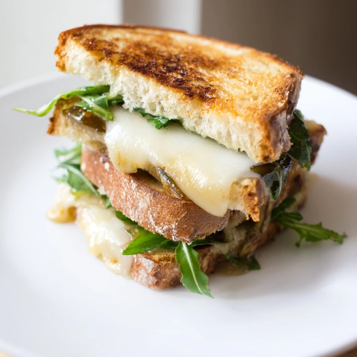 Golden-brown Fig, Brie & Arugula Fancy Grilled Cheese, oozing melted Brie, ready to eat.