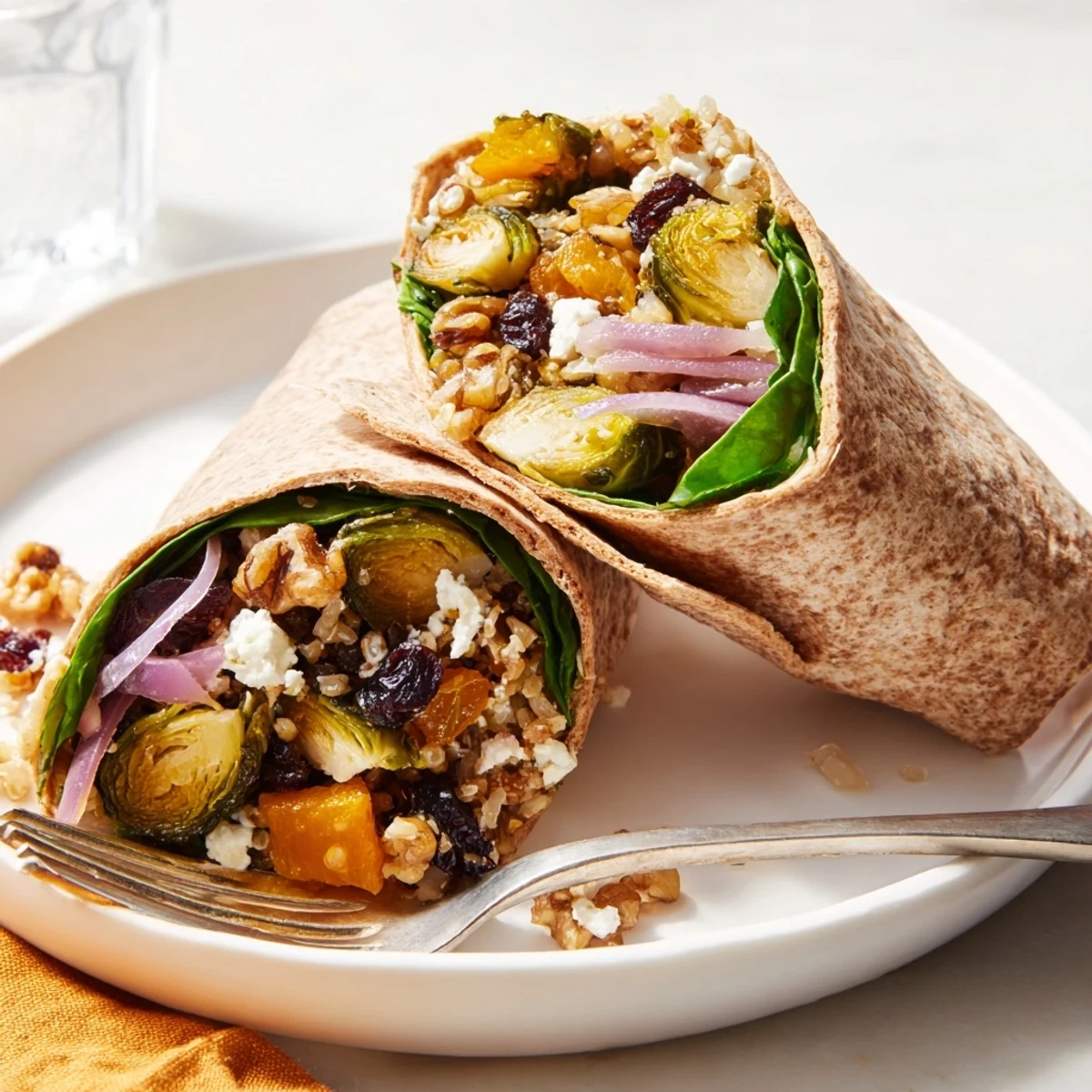 A close-up of a warm and delicious Roasted Brussels Sprouts & Cranberry Grain Wrap, ready to eat.