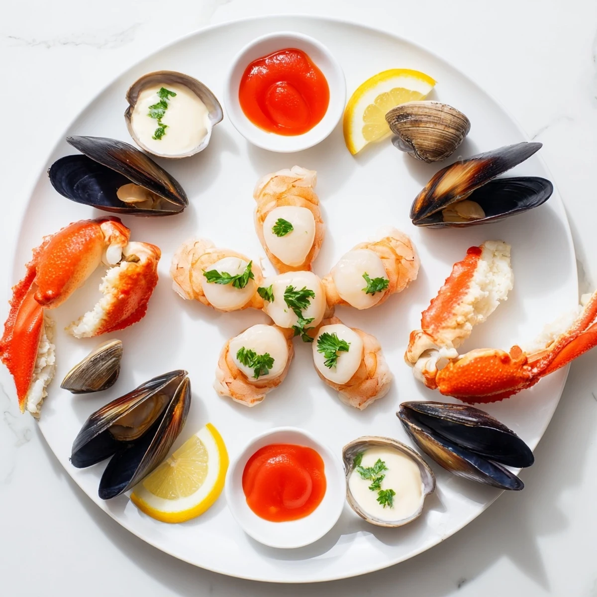 Vibrant starfish & shell appetizer board, offering a fresh, chilled selection of seafood and flavorful sauces.