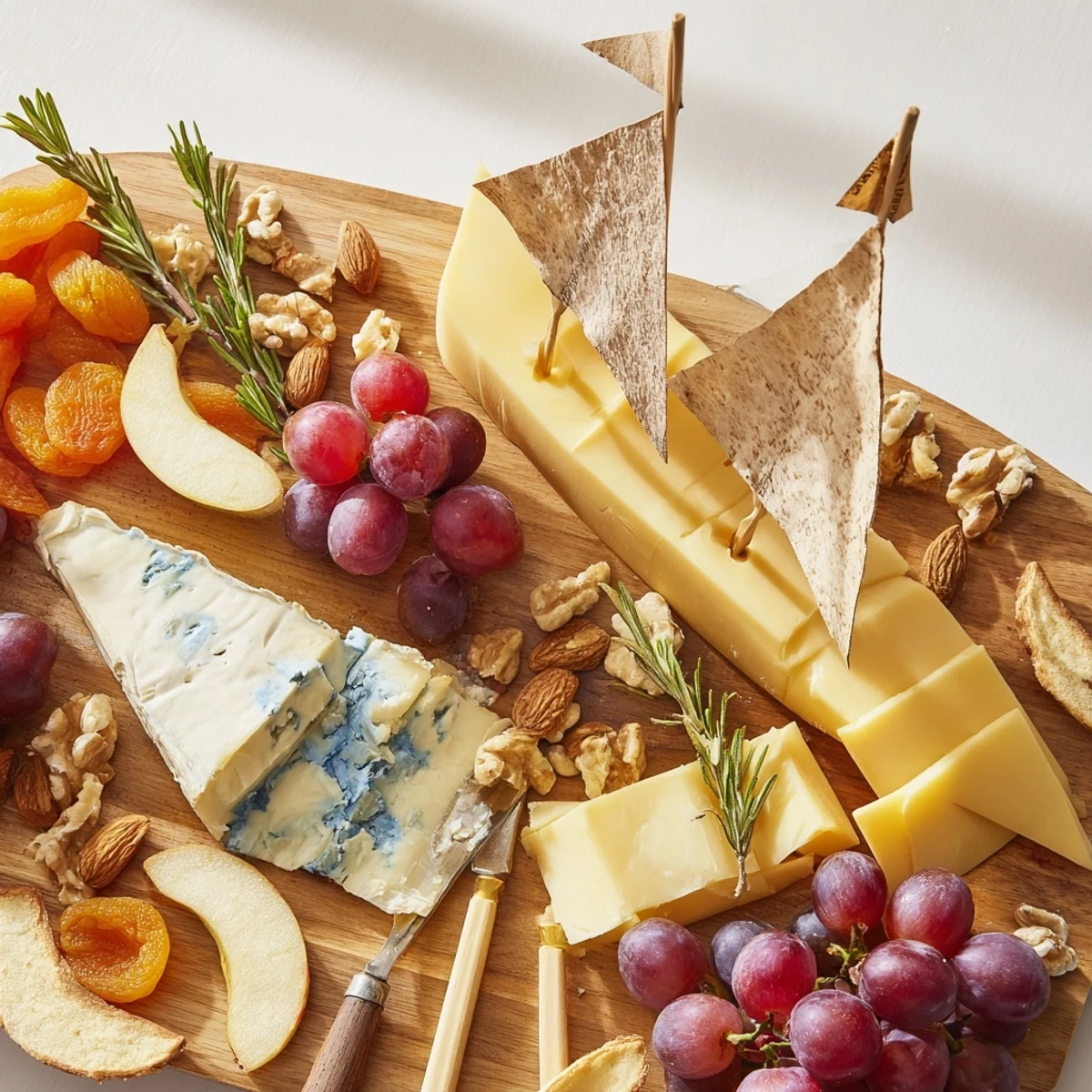 Elegant Sailboat Cheese Platter featuring Brie, grapes, and crackers, perfect for a party appetizer.