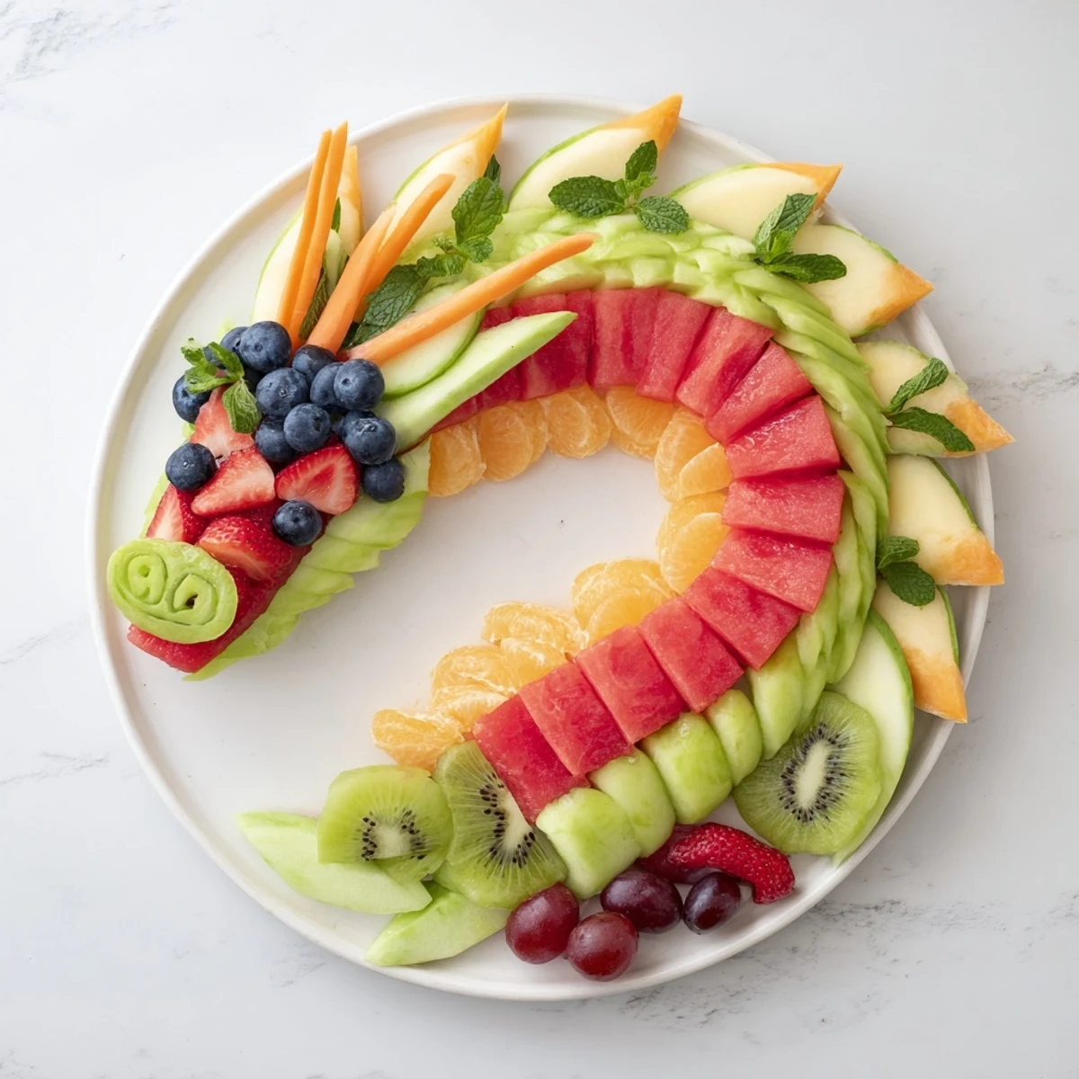 Vivid dragon-shaped fruit tray featuring a watermelon body, kiwi scales, and fresh berries.