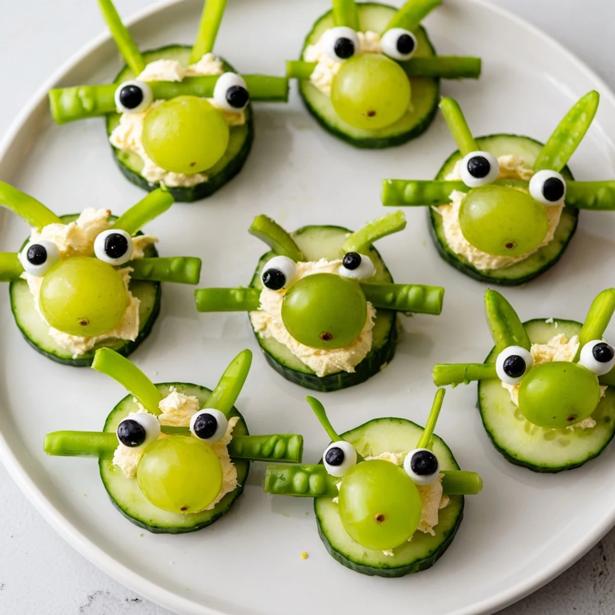 Fresh and fun Little Green Men Alien Snack Attack: bite-sized snacks feature green grapes and pretzel sticks for a party!