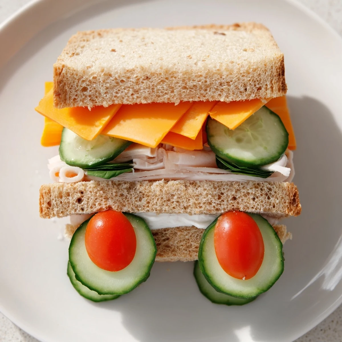 Delectable Road Trip Ready Car-Shaped Lunch filled with sandwiches, snacks, and fresh, colorful veggies.