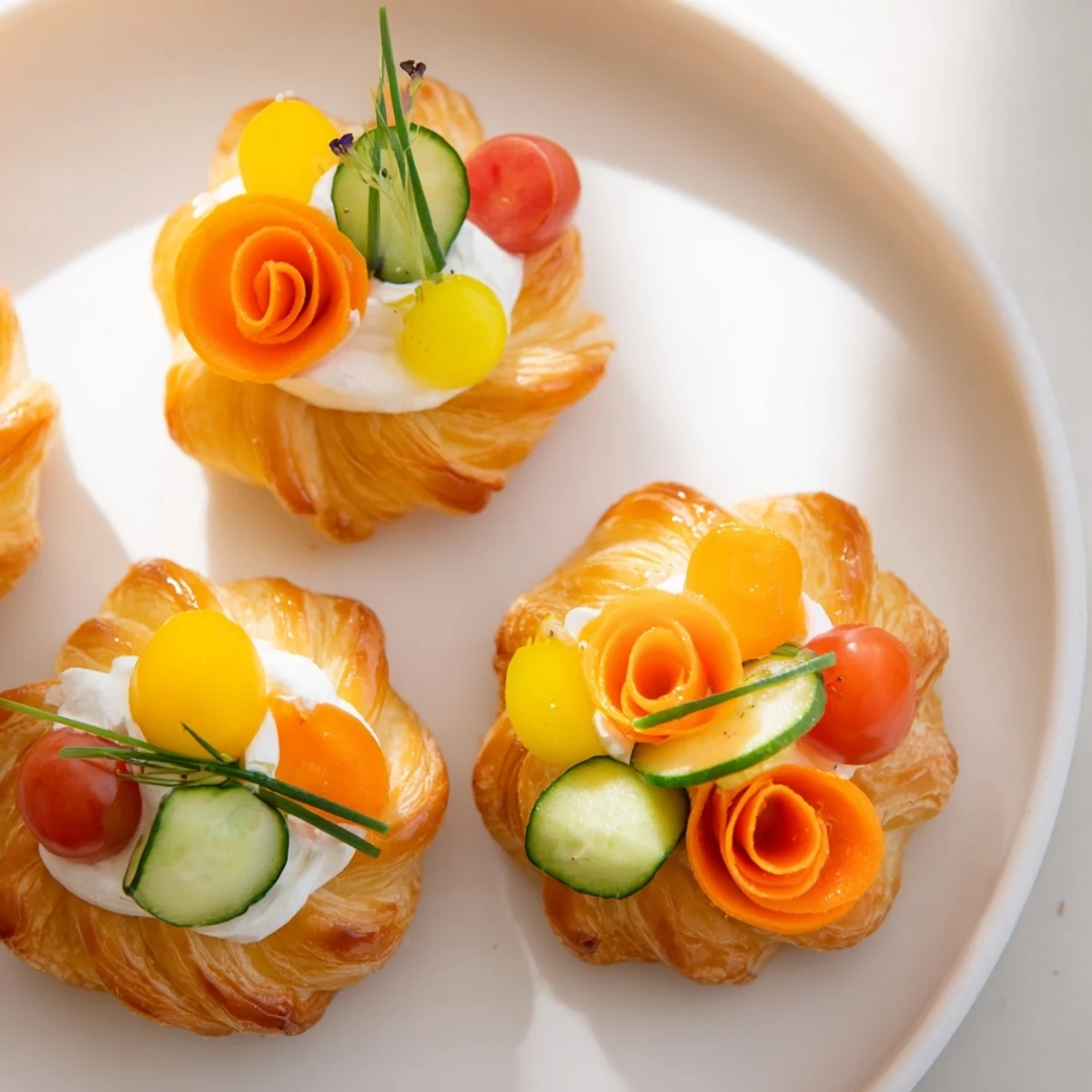 Delicate Fairy Garden Flower Shaped Snacks with bright cherry tomatoes and crunchy cucumber garnish.