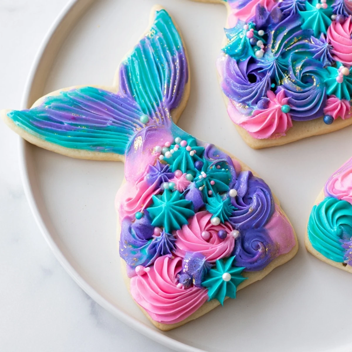 Golden, frosted Mermaid Tail Under the Sea Sweets decorated with shimmering edible glitter and candy pearls.