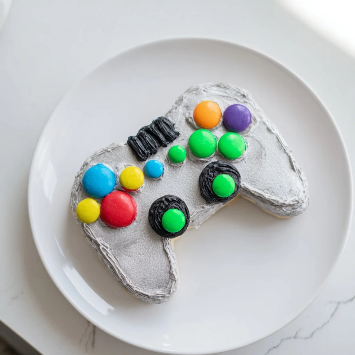 Homemade Pixel Perfect Video Game Controller Board displaying perfect lines, topped with festive candies for dessert.