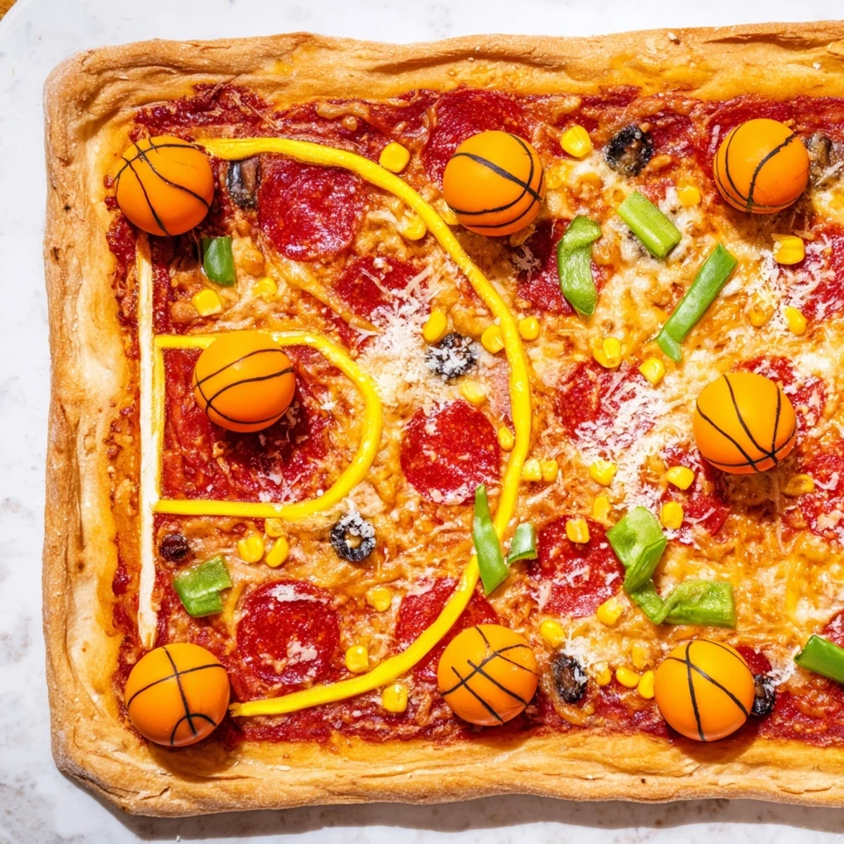Delicious, vegetarian Basketball Court Pizza with vibrant bell pepper court lines and pepperoni basketballs.