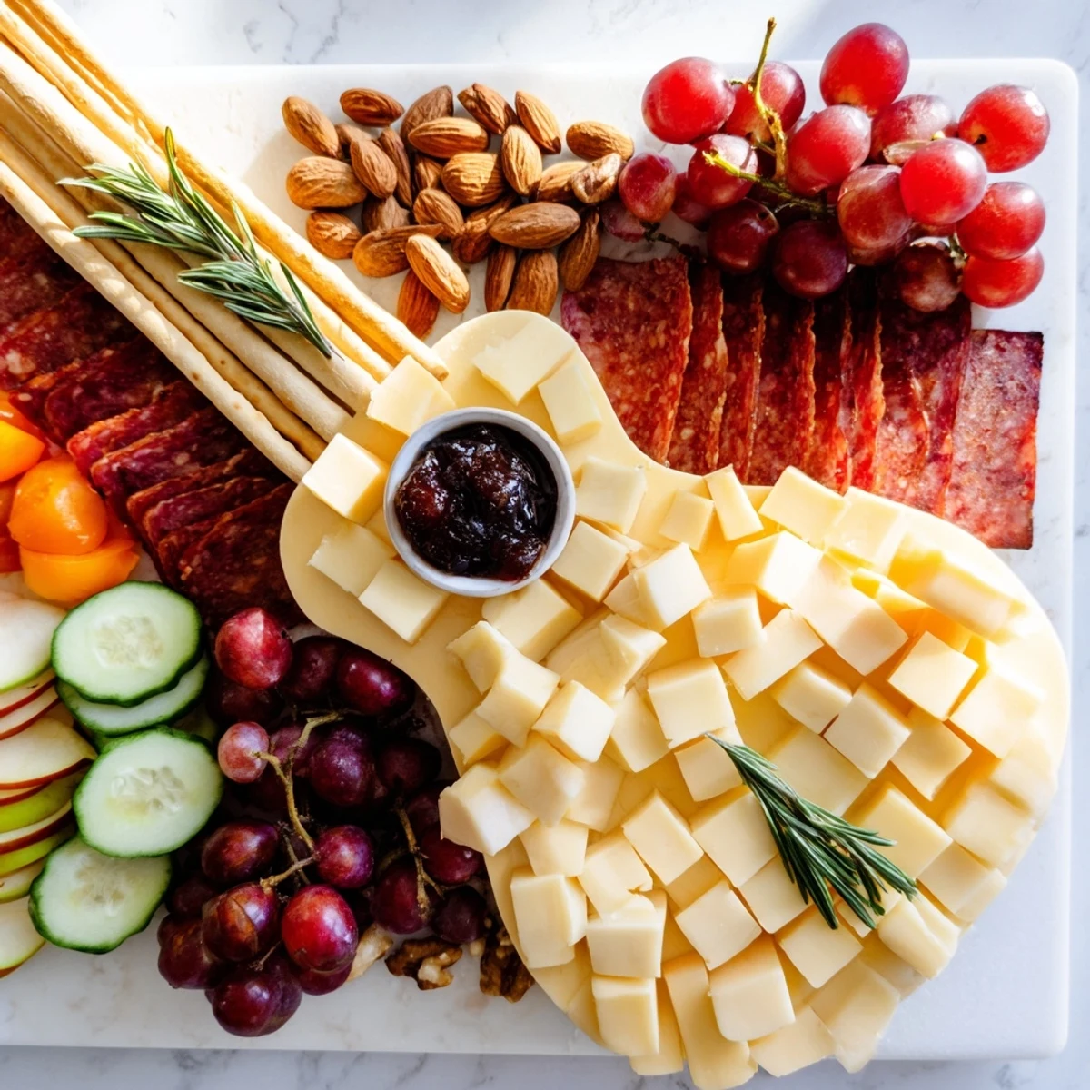 Rock Star Guitar Platter arranged with cheeses, meats, and fruit, ready for a party.