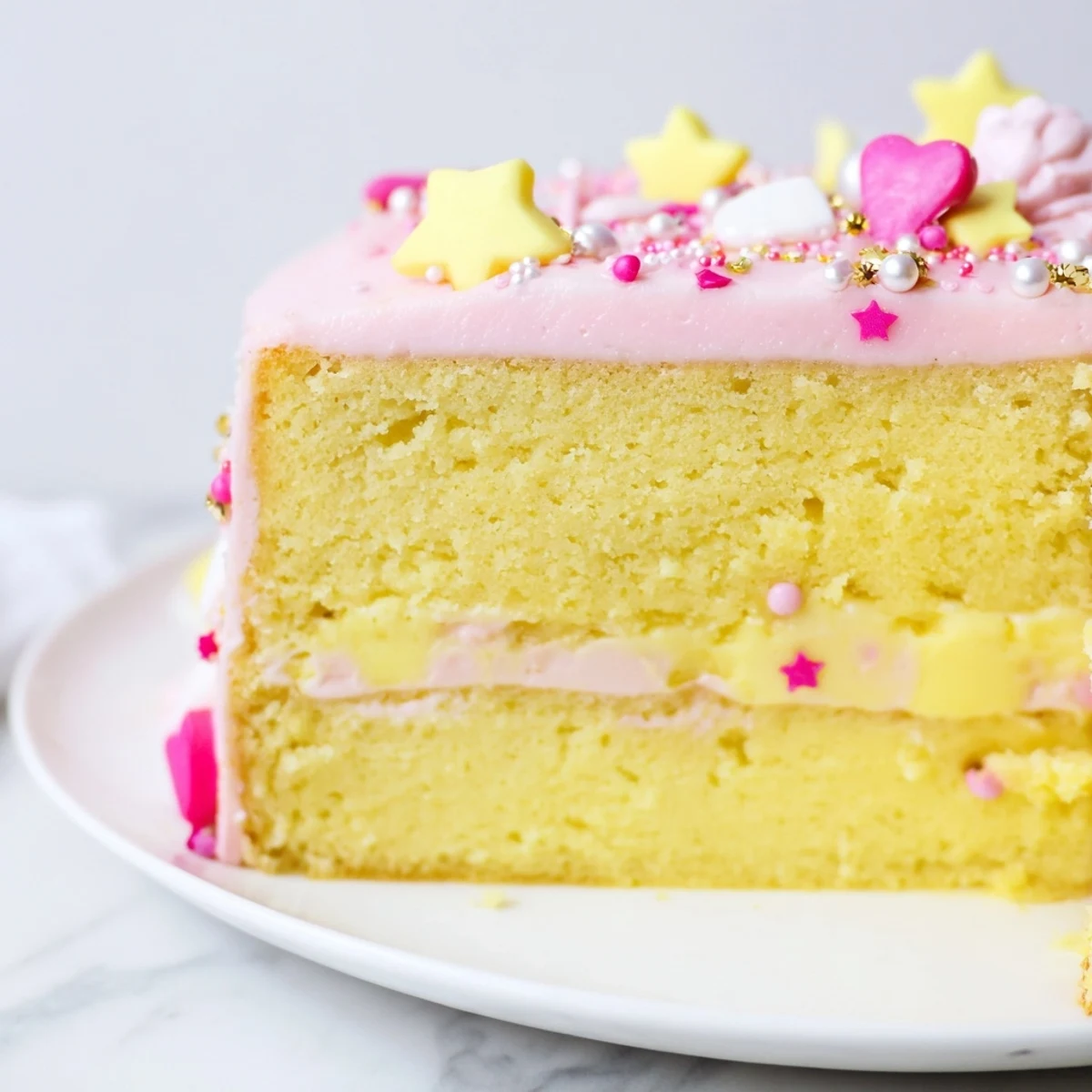 Whimsical Château de Princesse Cœurs et Étoiles cake with heart and star sprinkles, ready to serve.