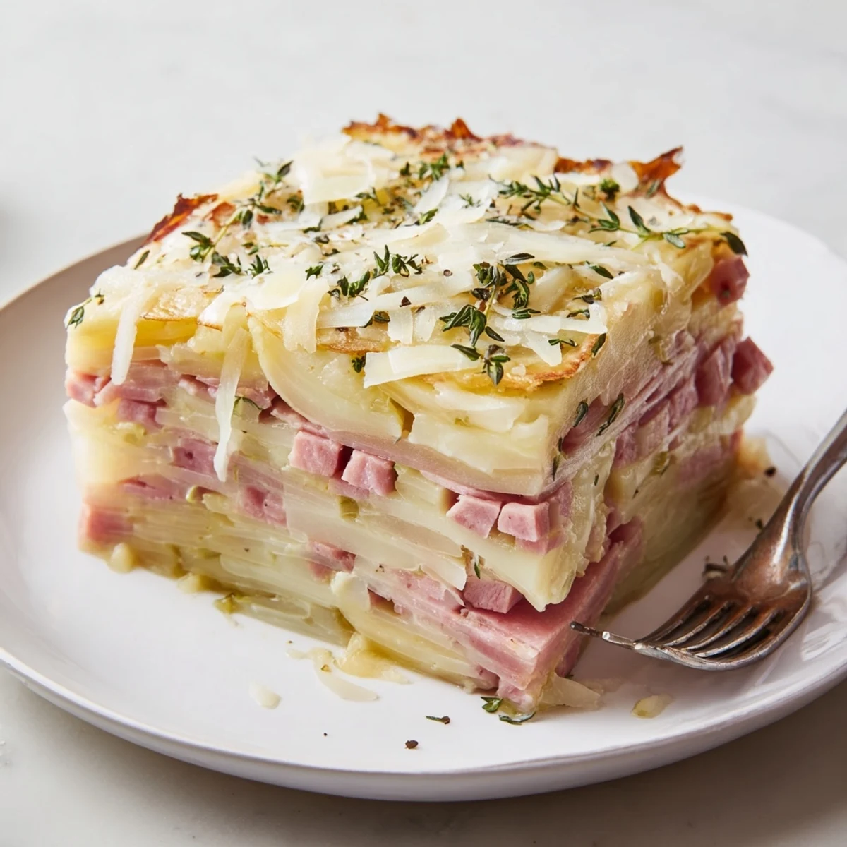 A golden brown Plateau Moufle Chaud et Confortable, bubbling with melted cheese and savory ham.