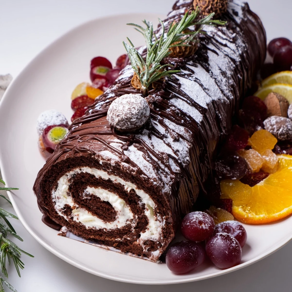 A decadent Winter Warmer: Fireplace Log Dessert Board, featuring chocolate roulade and festive treats.