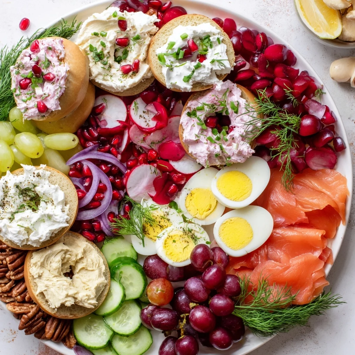Vibrant cranberry sleigh bagel board, packed with colorful fruits, smoked salmon, and creamy spreads for brunch.