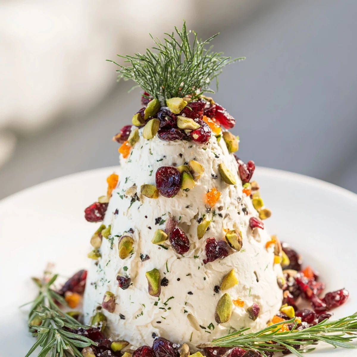 Creamy goat cheese and cranberry Rosemary Christmas Tree appetizer, perfect for holiday gatherings.