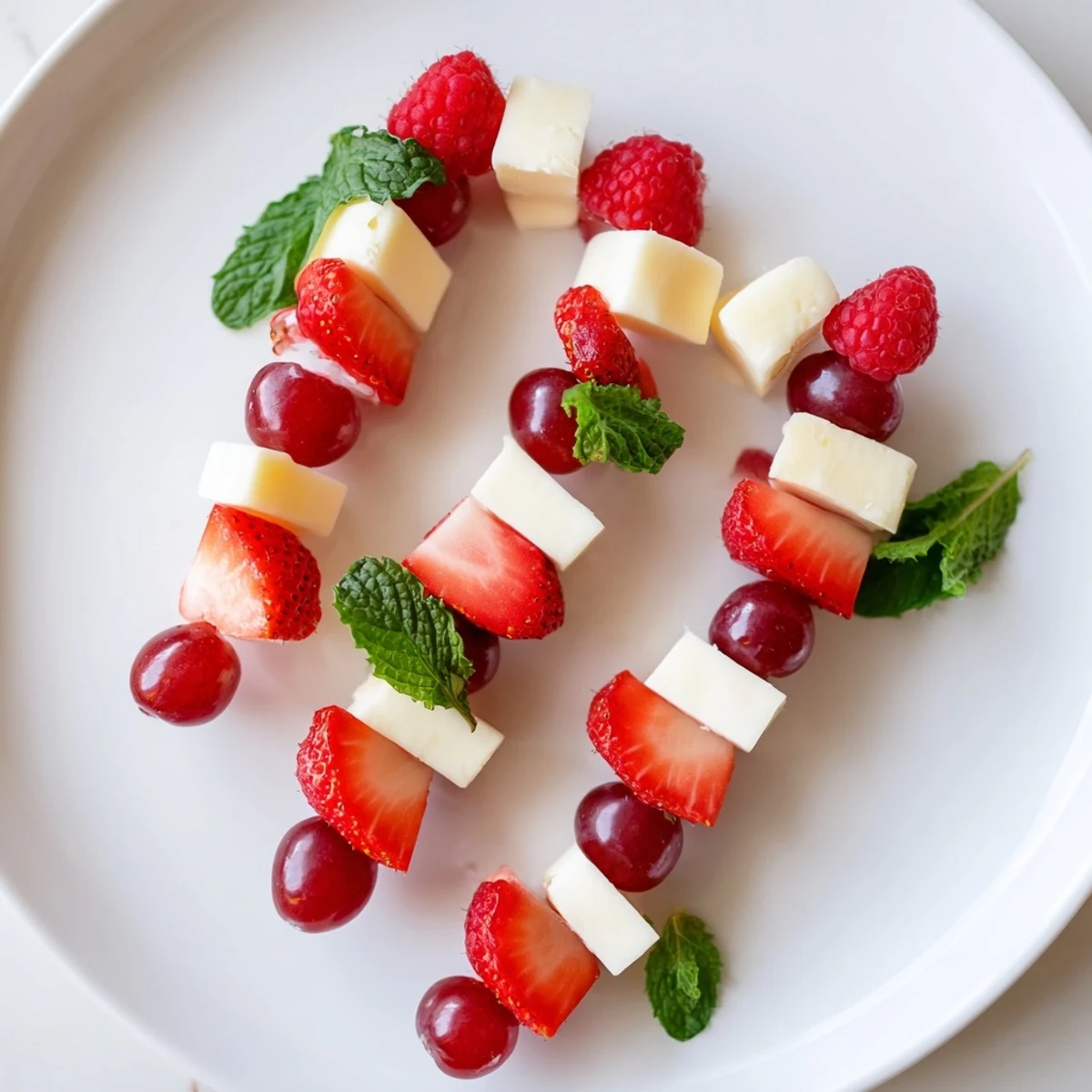 Vibrant Candy Cane Stripe Fruit and Cheese appetizer with red berries and creamy, white cheeses attractively layered.