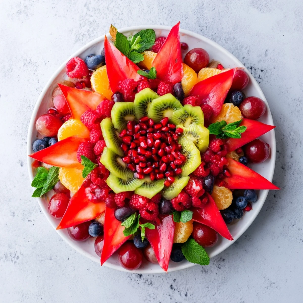 Bright red strawberries and raspberries form this festive poinsettia fruit bowl, ready to serve.