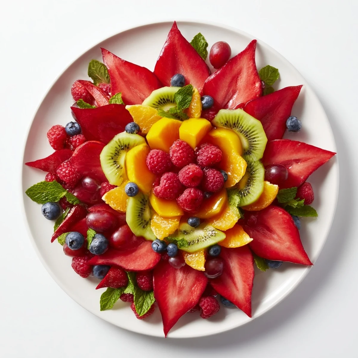 Vivid poinsettia fruit bowl showcasing juicy berries and citrus, perfect for a holiday breakfast treat.