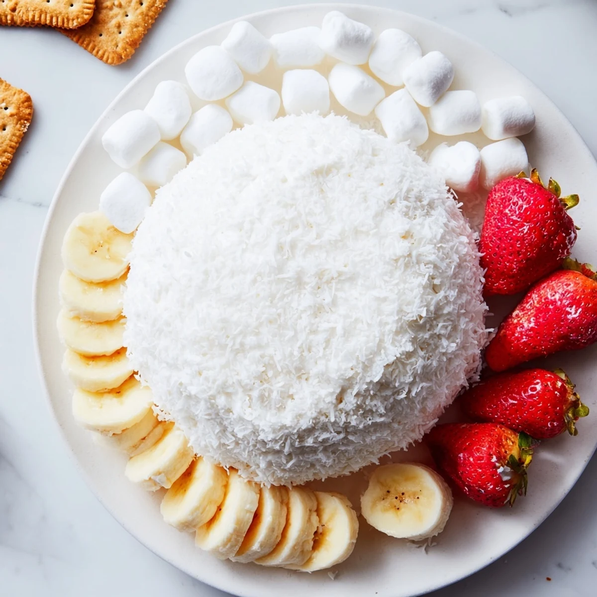 A delicious dessert: The Marshmallow Snowball Dip Platter features coconut-covered marshmallow balls and dippers.