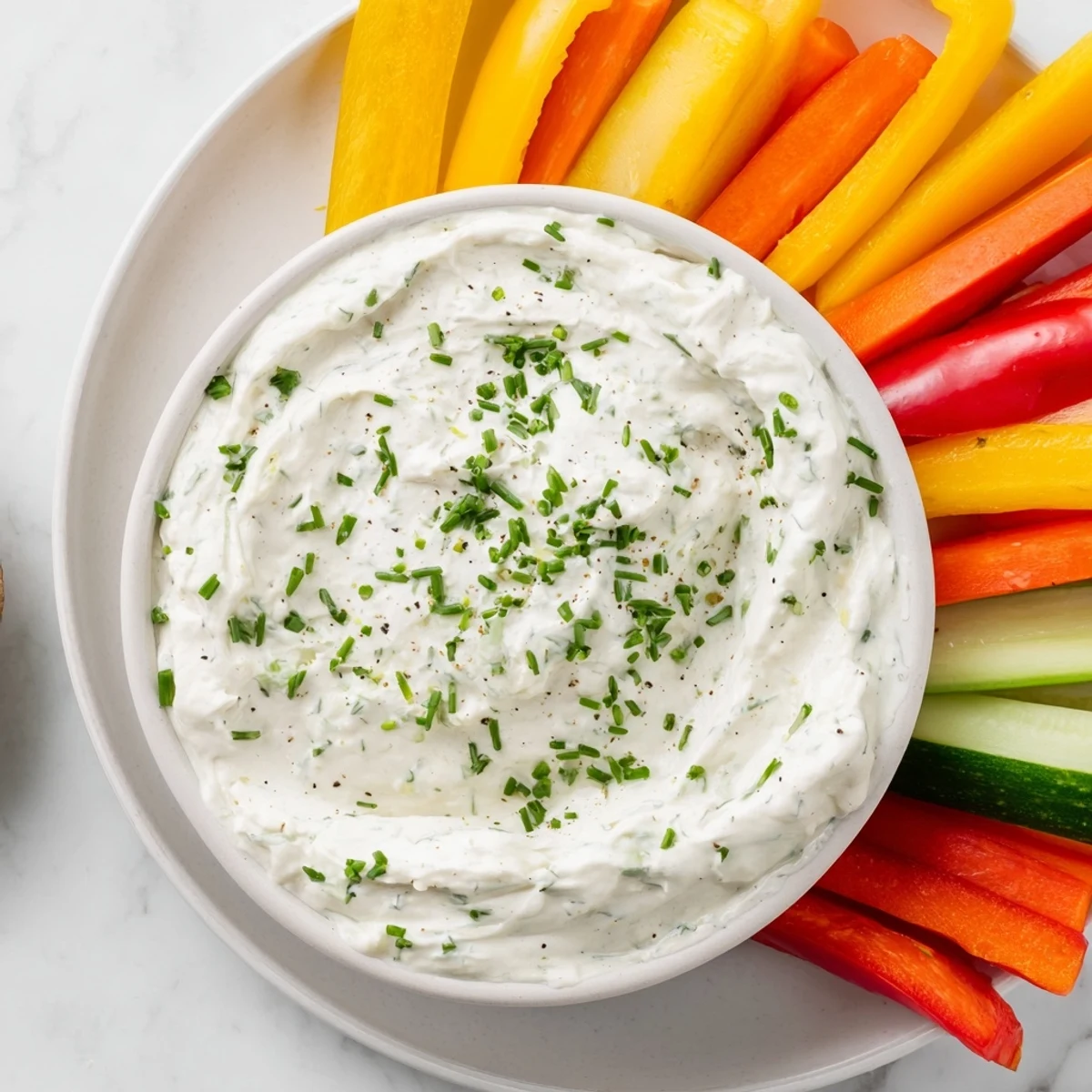 A close-up of a bowl filled with Kids Dip showcasing its thick, inviting texture beside fresh veggies.