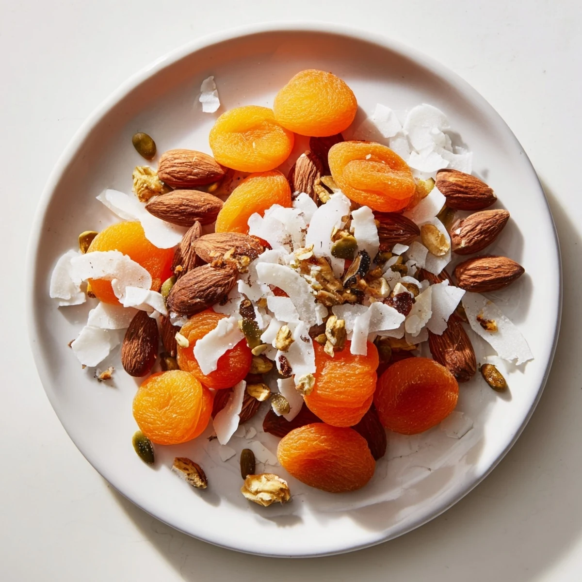 Sweet dried apricots and crunchy almonds create this simple Fruit & Nut pile, a healthy and quick snack.