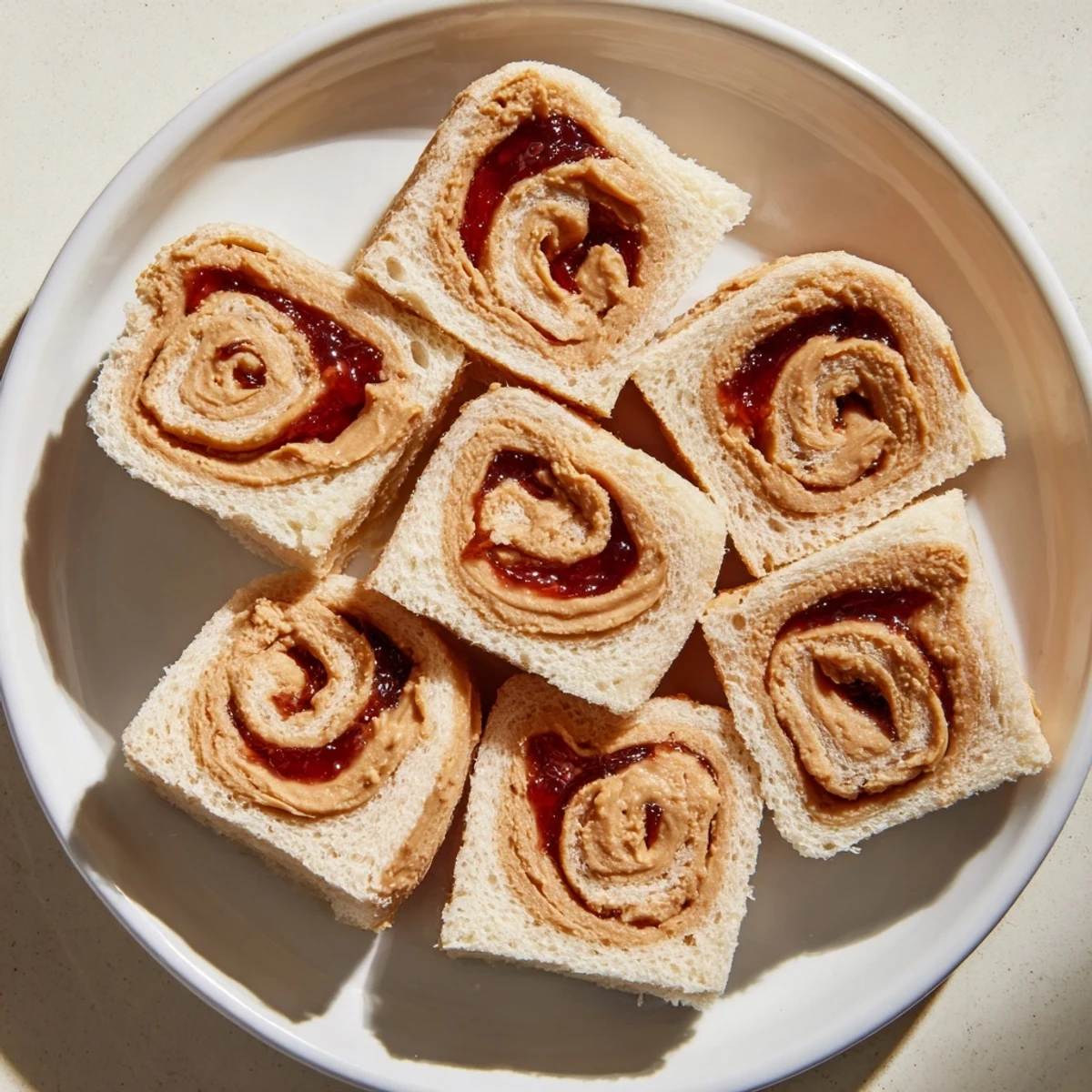 Close-up of a stack of Simple Sandwich: Quartered PB&J Pinwheel Rolls, perfect for a quick and delicious snack.