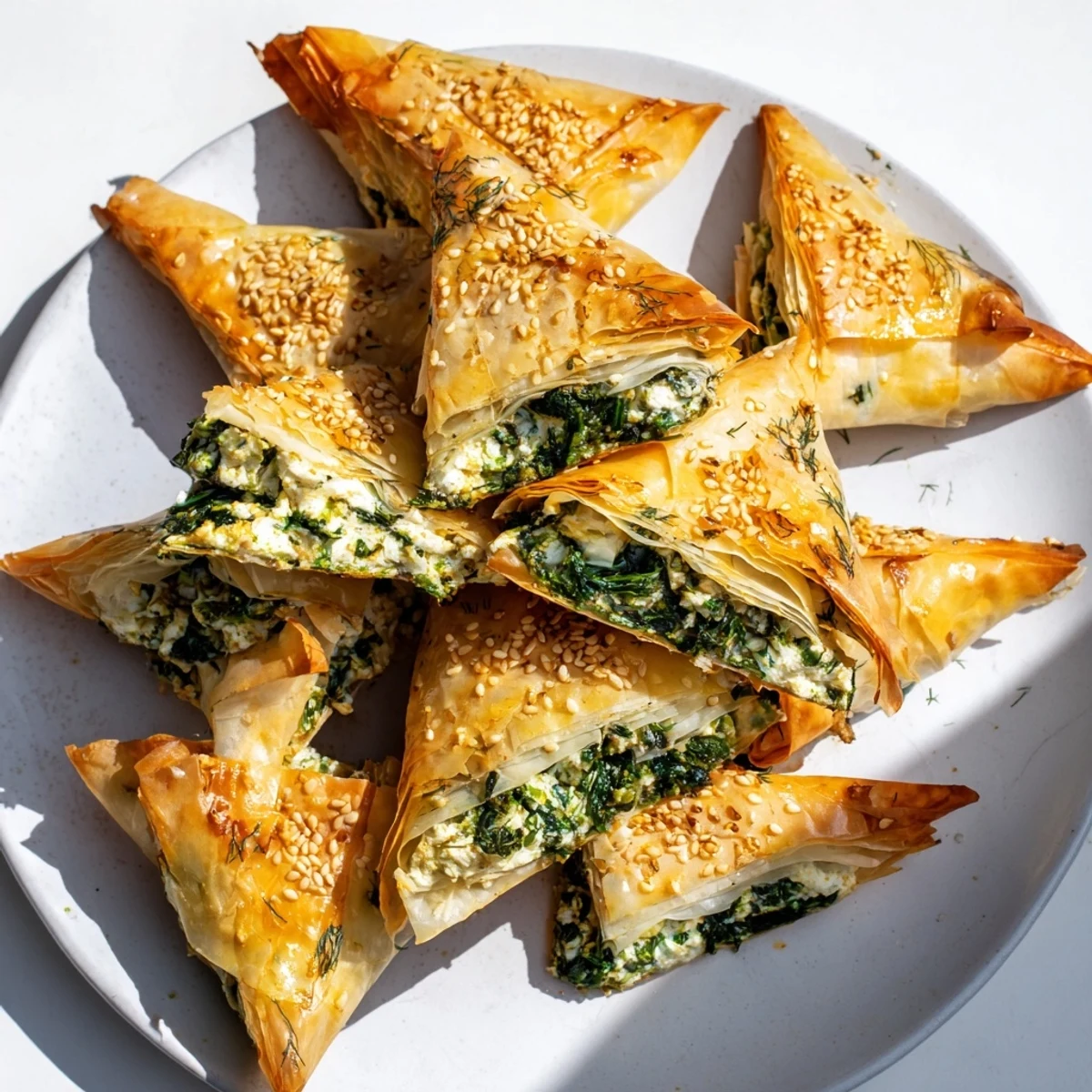 Golden, crispy Mini Spanakopita Triangle Cluster appetizer with inviting, flaky phyllo dough around a cheesy filling.