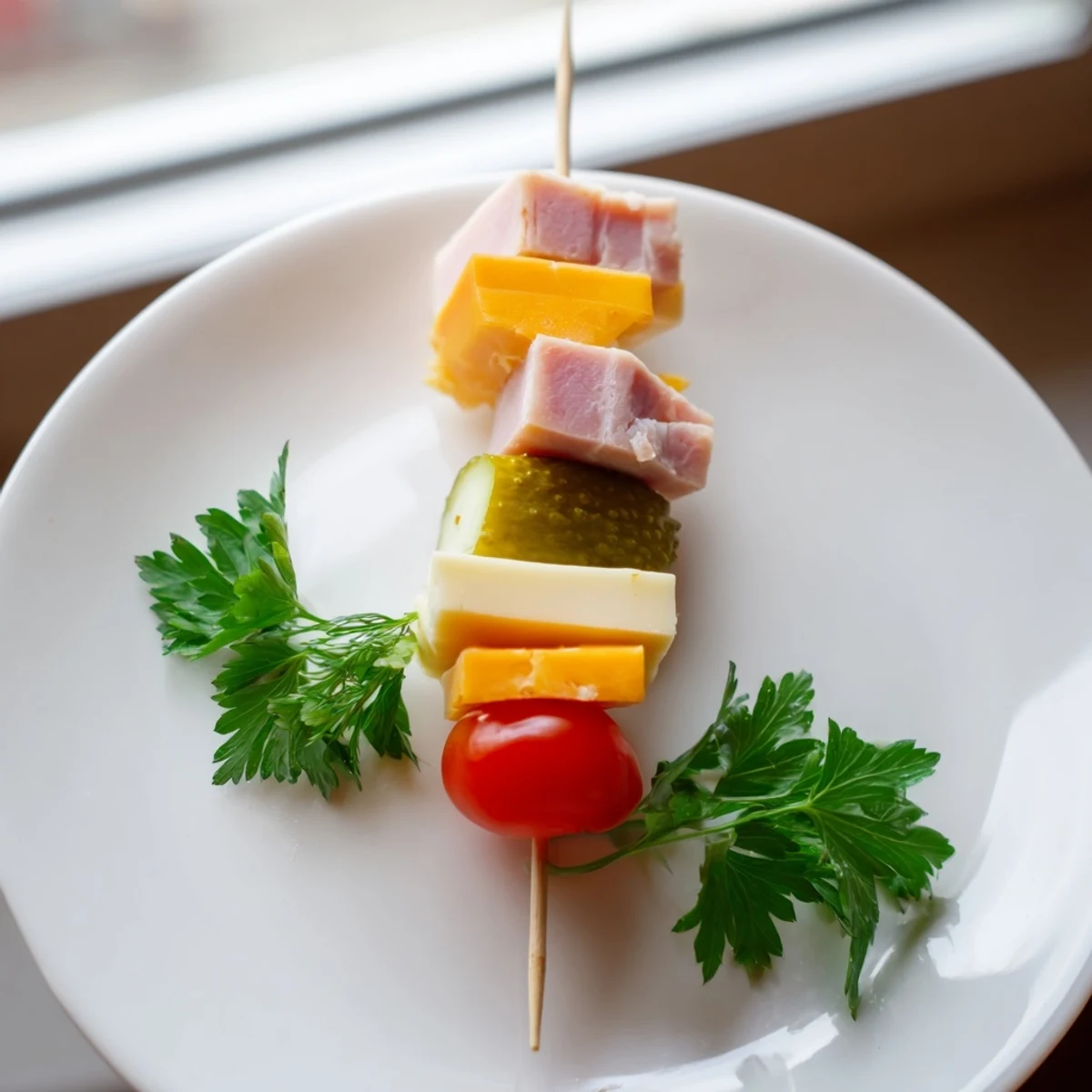 Delicious Savory Skewers ready to serve, featuring ham, cheddar, pickles, and tomatoes arranged on skewers.