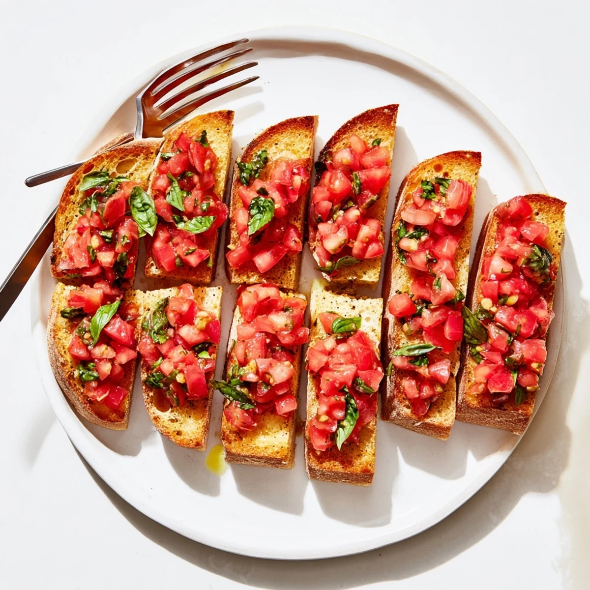 Garlic-rubbed Bruschetta Toasts, showcasing juicy tomatoes, a simple, delicious Italian classic appetizer.