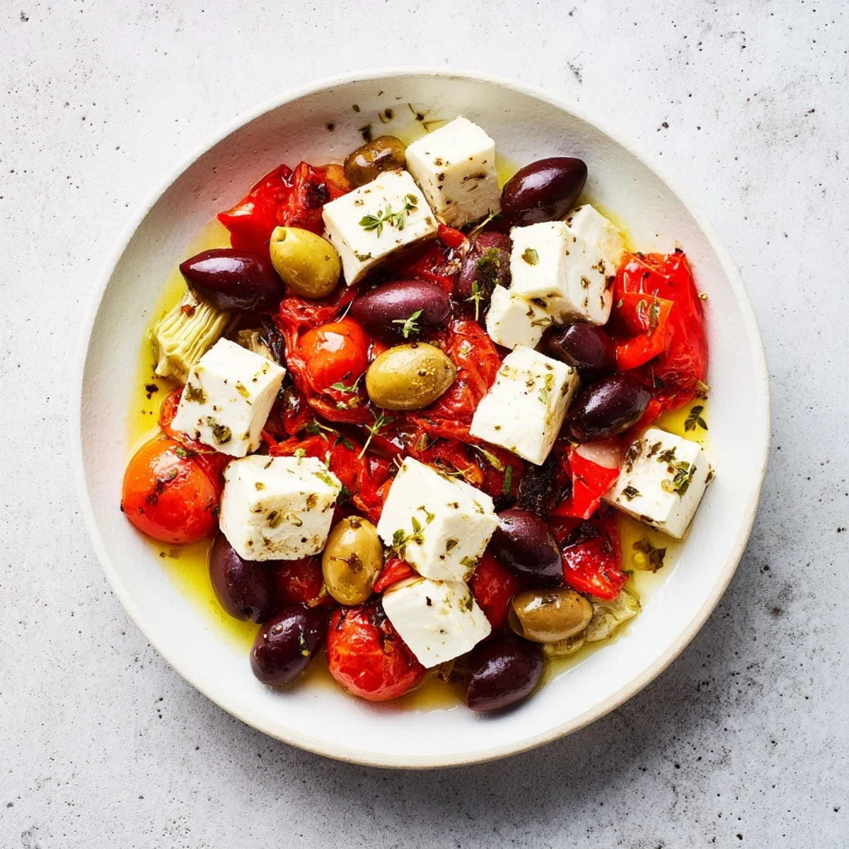 Mediterranean black olive and sun-dried tomato platter, savory feta and roasted red peppers ready.