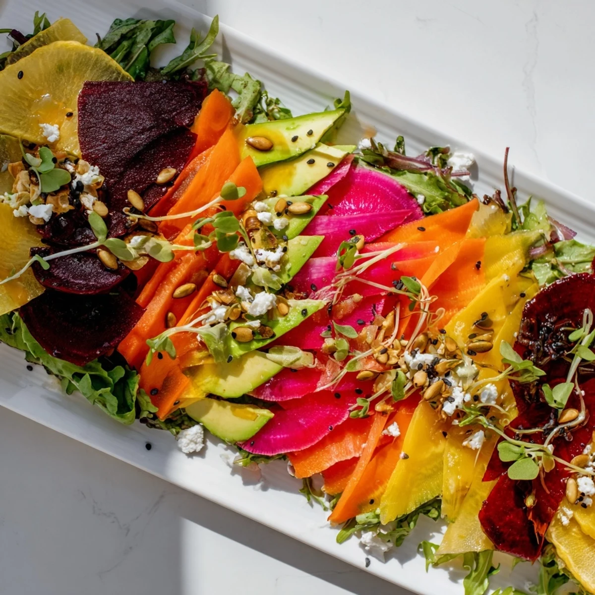 A visually stunning Zig-Zag Lightning Strike Salad, showcasing colorful vegetables arranged for a striking presentation.