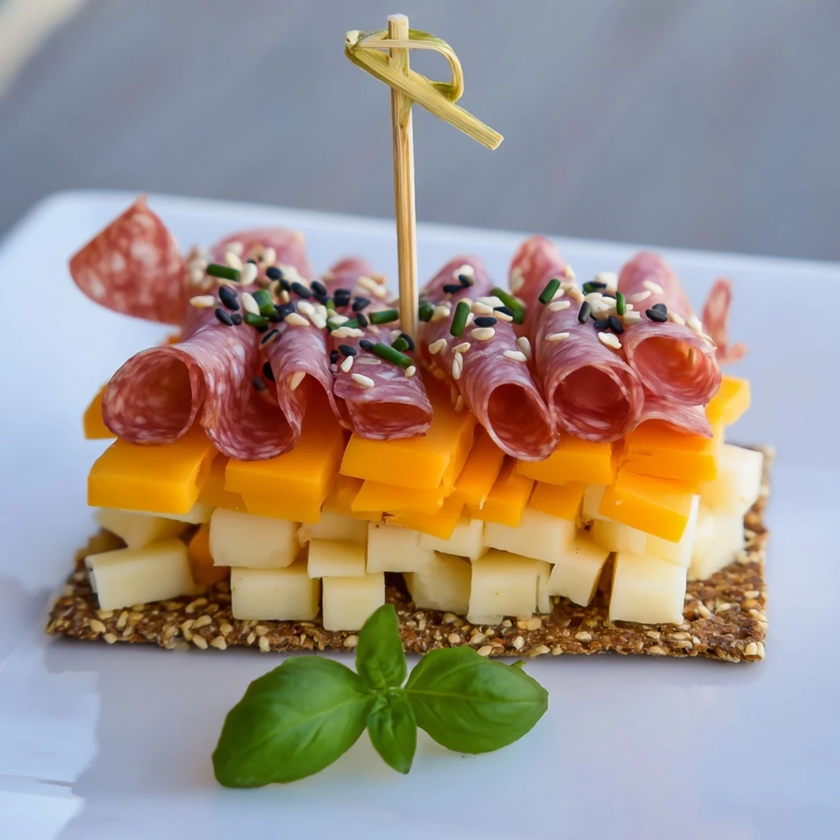 This Layered Urban Skyline appetizer features eye-catching, savory bite-sized “skyscraper” stacks of cheese and meat.