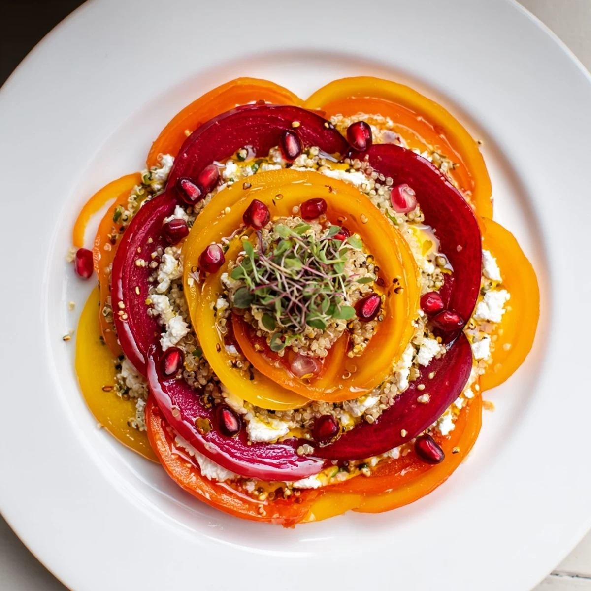 A close-up reveals colorful "Concentric Rings of Flavor," showcasing a visually stunning vegetarian appetizer ready to savor.