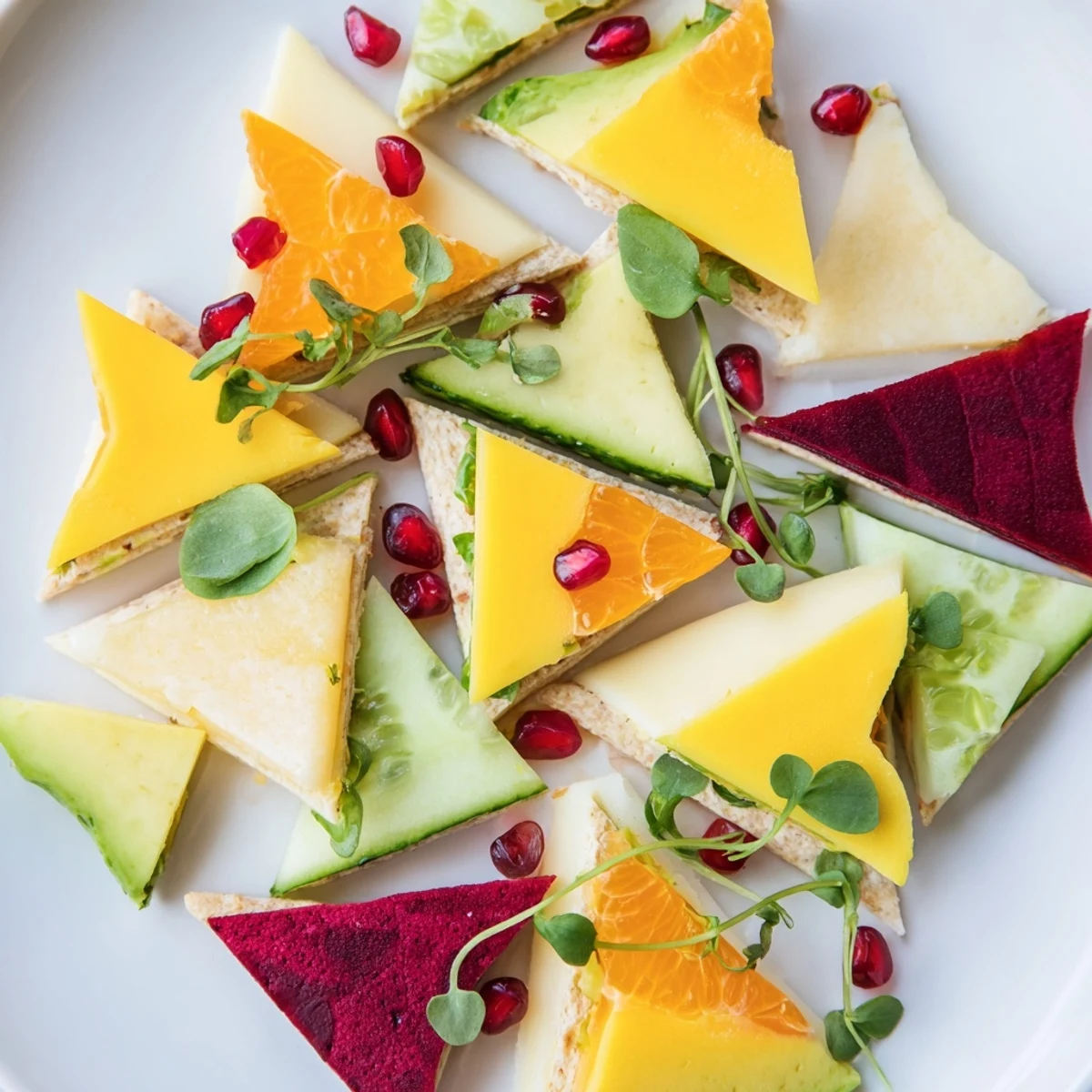 A close-up view of The Tessellation Triangle, an elegant appetizer featuring perfectly formed and arranged triangles.