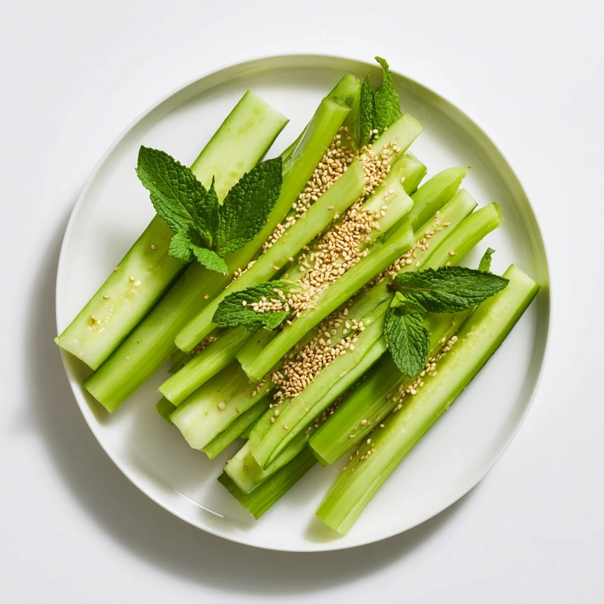 A minimalist plate displays The Bamboo Zen, featuring cool, crisp cucumber and celery sticks perfect for dipping.