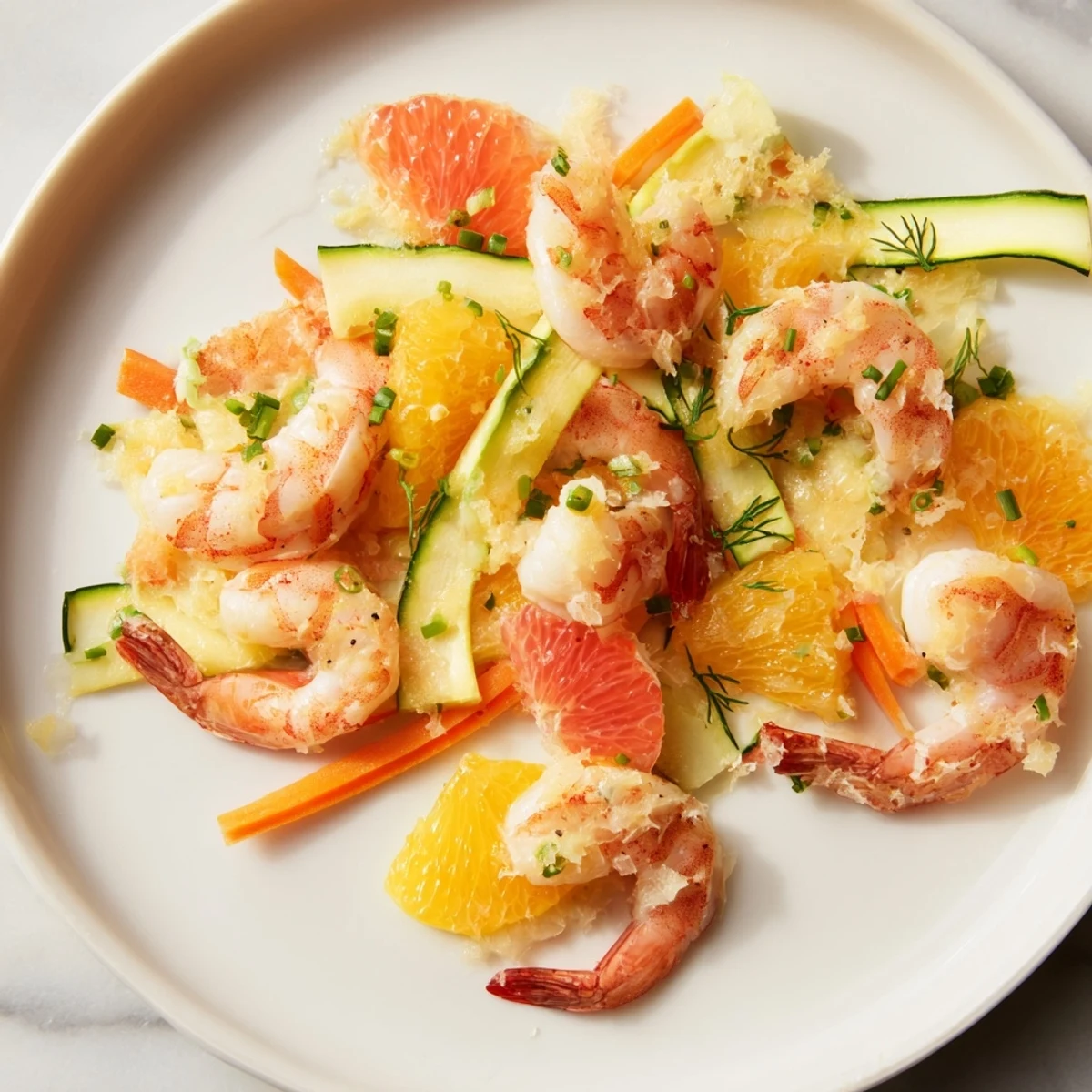 Vibrant, cheesy The Coral Reef recipe with pink shrimp and citrus, beautifully layered on a platter.