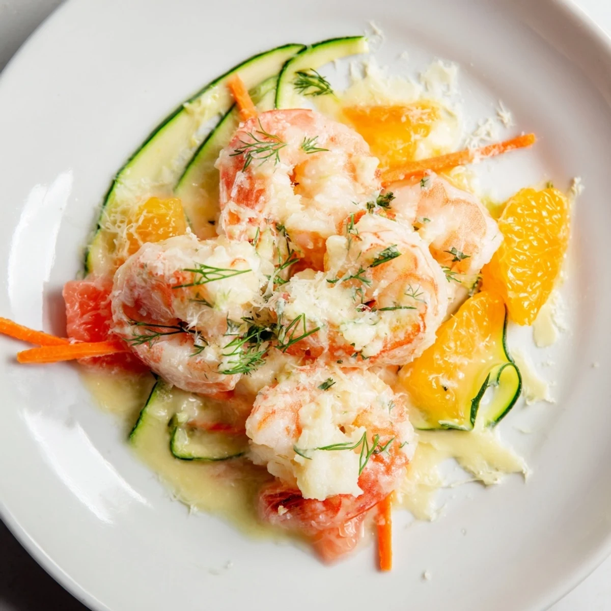 A visually stunning The Coral Reef dish: sautéed shrimp nestled with citrus, then broiled with melted Gruyère.