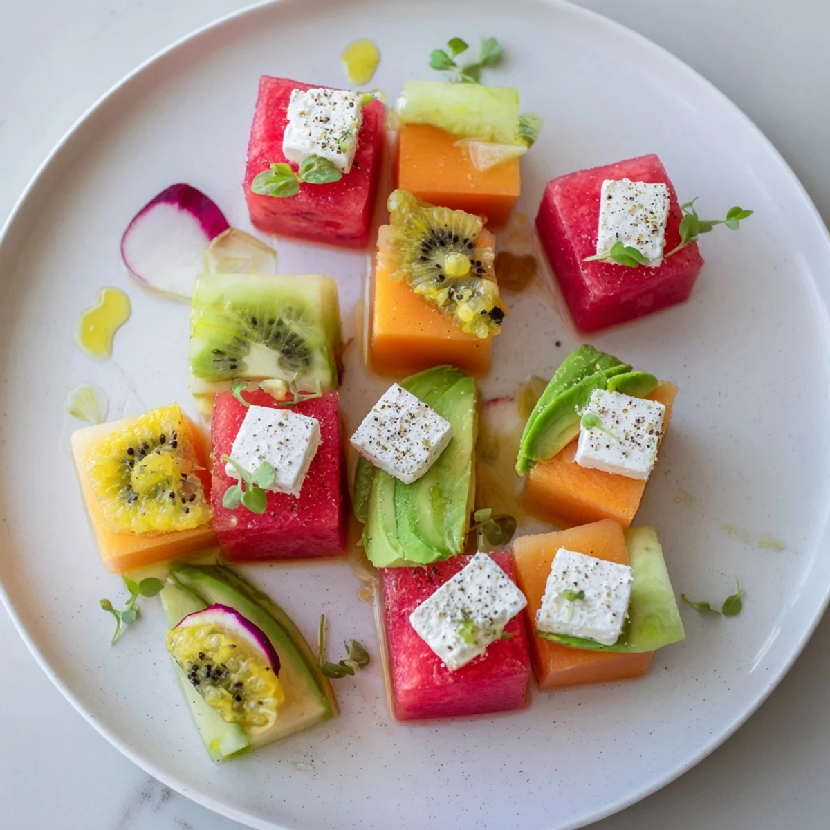 Perfectly cubed "Cube Geometry Study" appetizer, a vibrant and minimalist fruit and vegetable grid.