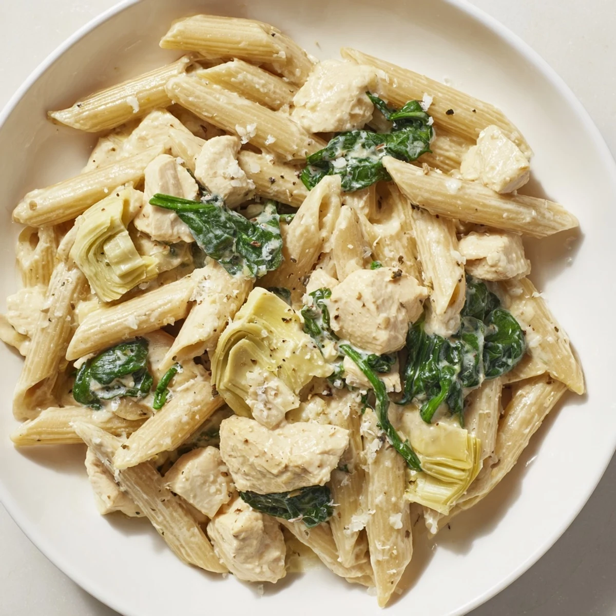 Creamy Spinach Artichoke Protein Pasta Skillet, a one-pan meal with a rich, inviting creamy sauce.