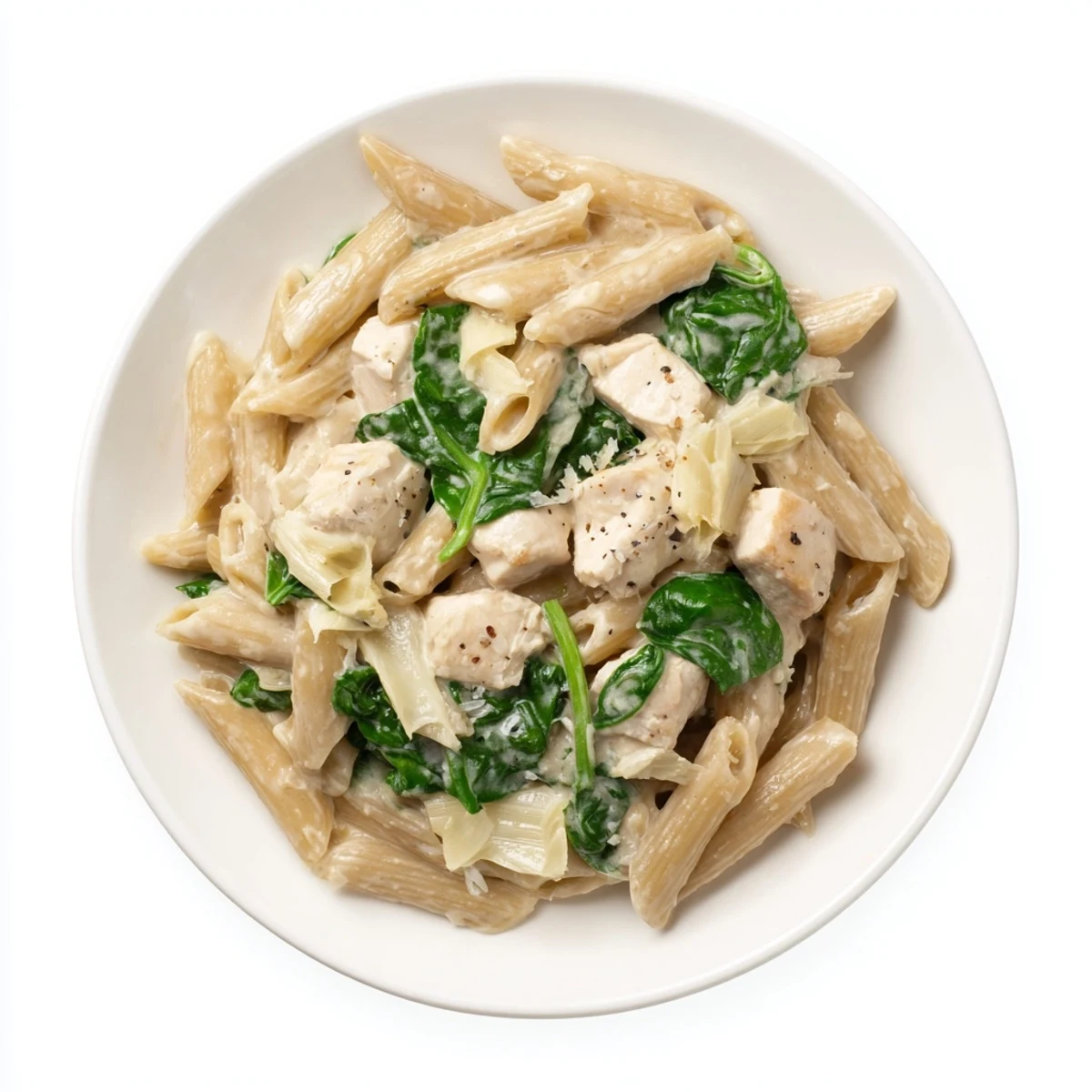 Picture the vibrant green spinach in this Creamy Spinach Artichoke Protein Pasta dish, ready to be enjoyed.