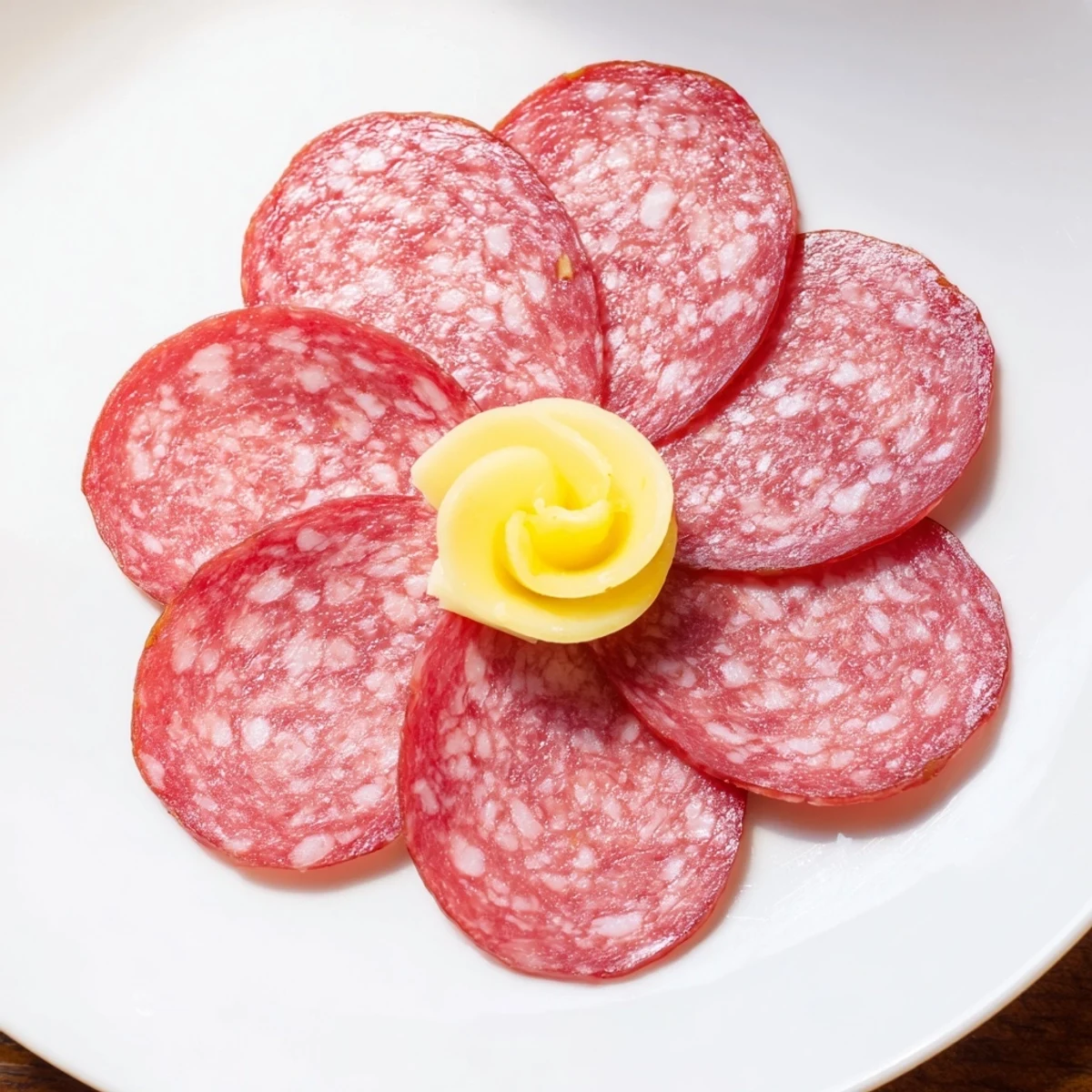 Vibrant Tudor Rose appetizer: perfectly arranged salami petals with a bright yellow cheese center.