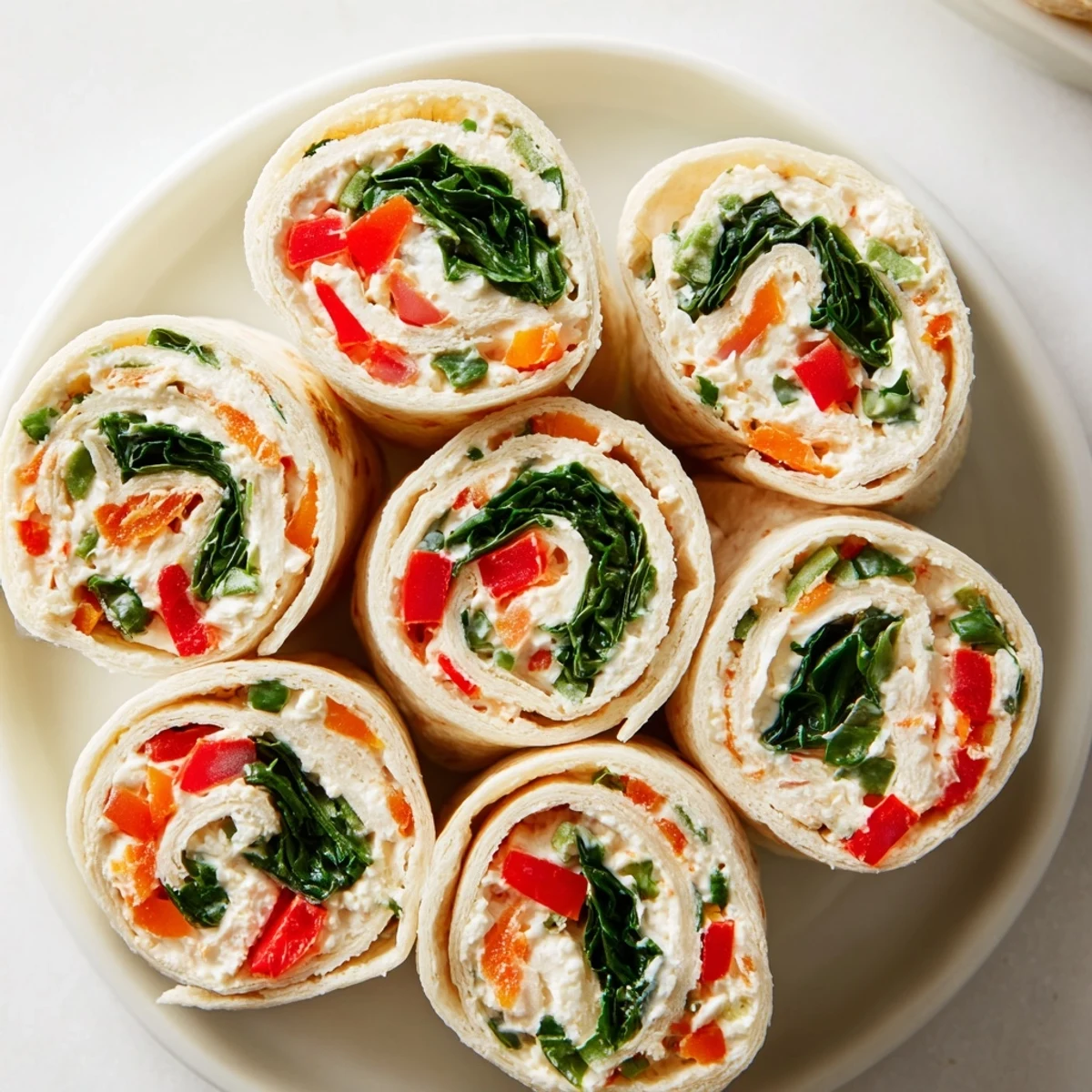 These creamy Christmas Scarf Tortilla Roll-Ups feature roasted red peppers and spinach, perfect for a vegetarian snack.