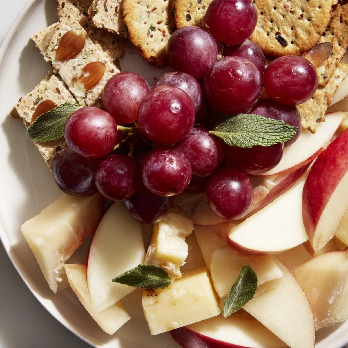 The beautiful The Harvest Scythe bread and fruit platter, overflowing with fresh breads, grapes, and figs.