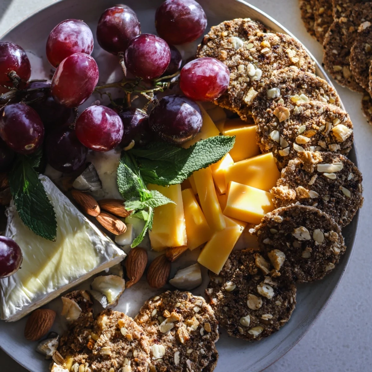 This rustic The Harvest Scythe arrangement showcases sliced breads, grains, and an assortment of fresh, sweet fruits.