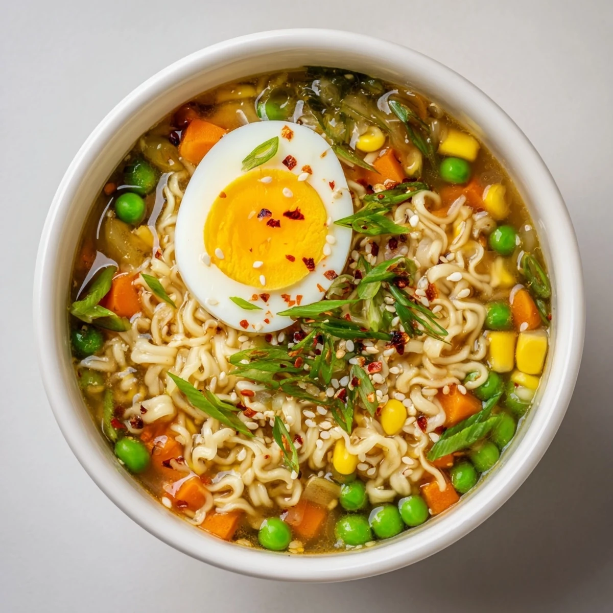 Steaming bowl of Ramen Upgrade with Frozen Peas, garnished with green onions and a perfectly poached egg.