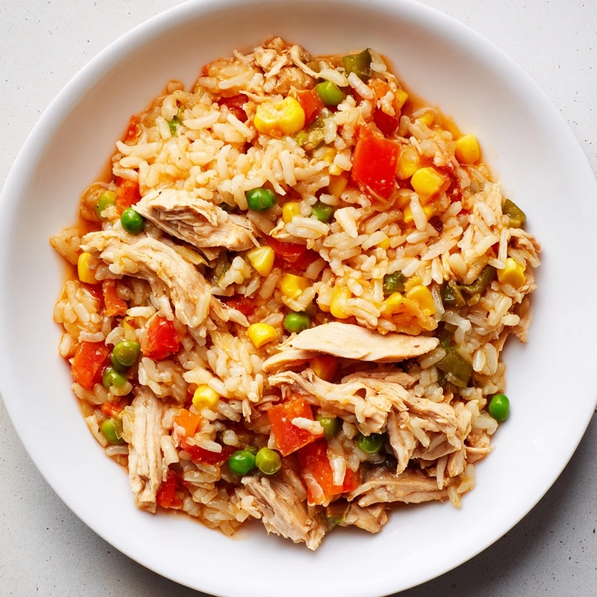Bright red diced tomatoes and savory chicken nestle inside this rich One-Pot Chicken and Rice meal.