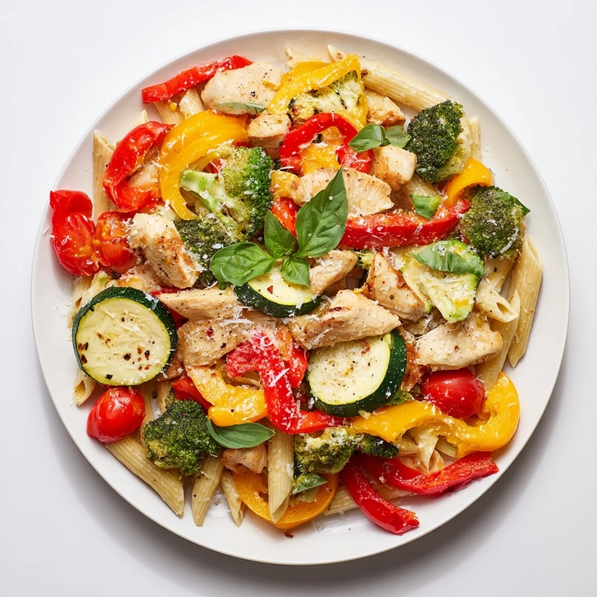 A colorful bowl of 5-4-3-2-1 Pasta Primavera, garnished with fresh basil and Parmesan cheese.