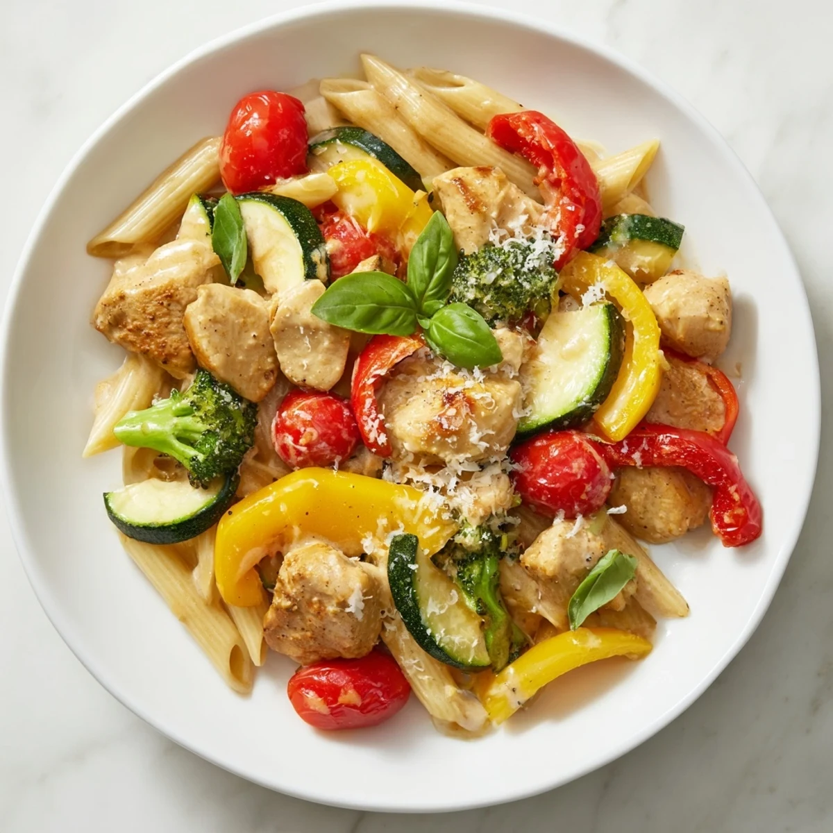 Tender chicken and vibrant vegetables mingle in this delicious 5-4-3-2-1 Pasta Primavera recipe, ready to eat.