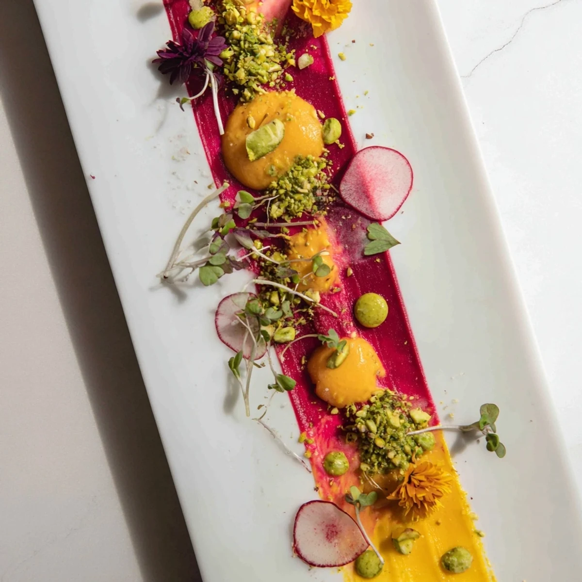 Vibrant The Modernist Stripe showcases layered vegetable purées, garnished with microgreens and edible flowers.