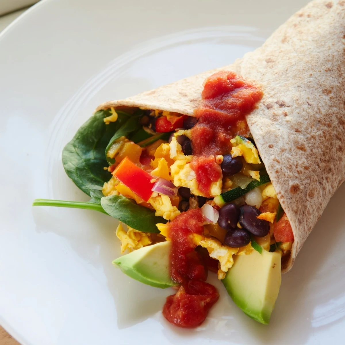 Scrumptious veggie-loaded breakfast burrito: a warm, overflowing wrap with colorful veggies, eggs, and cheese.
