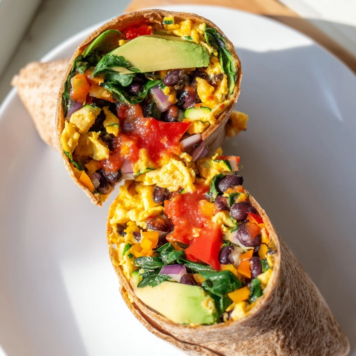 Close-up of a veggie-loaded breakfast burrito shows a perfectly rolled, hearty meal with fresh salsa.
