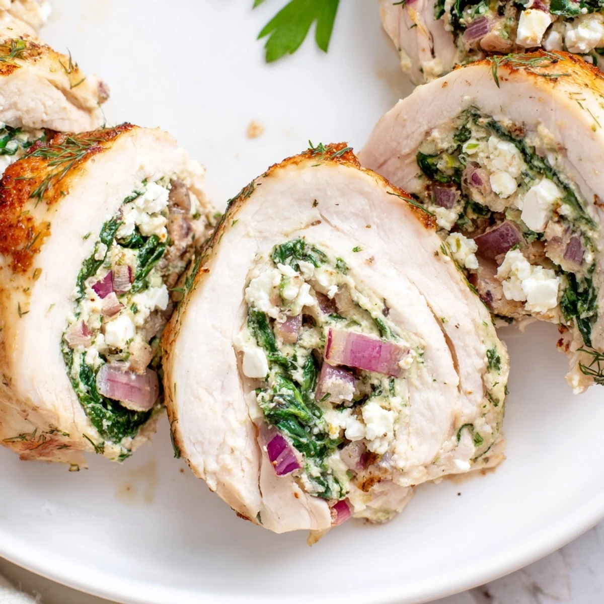 Close-up of baked Spinach Feta Stuffed Chicken, showcasing the savory feta and spinach filling within.
